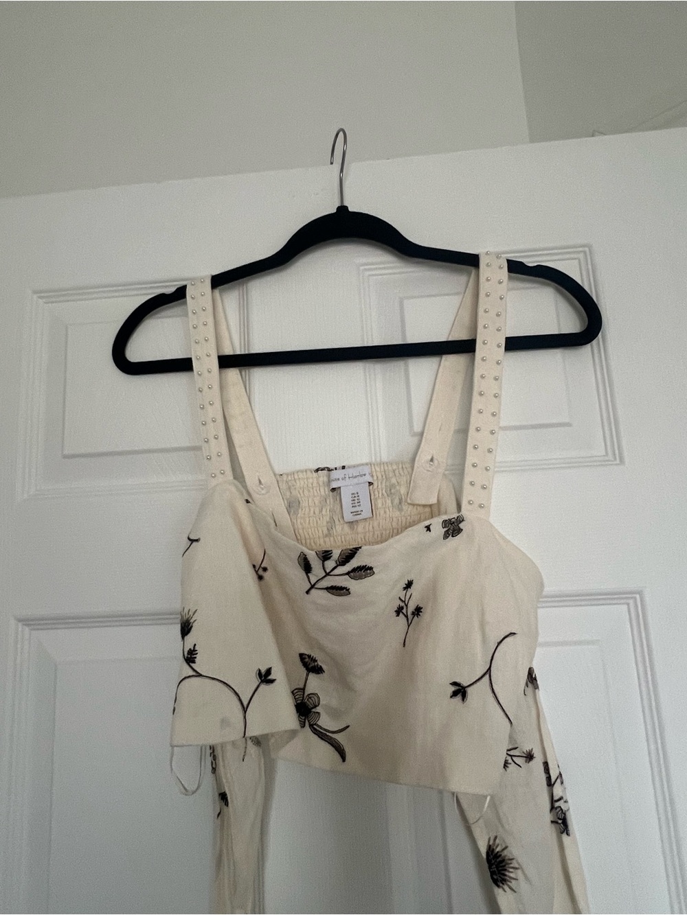 House of Harlow 1960 Cream Floral Embroidered Crop Top with Studded Straps Linen